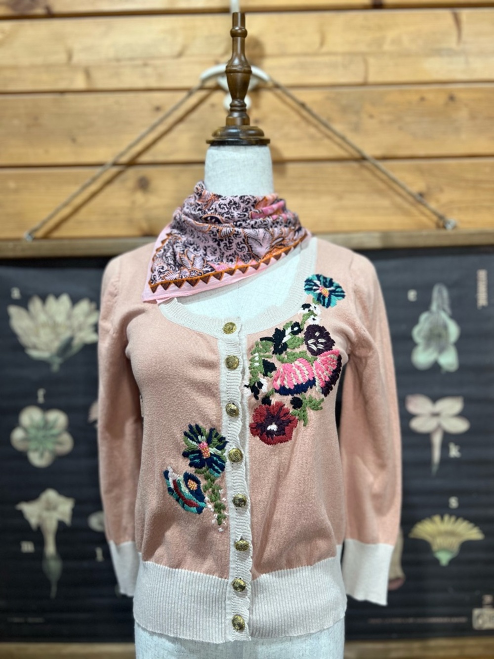 Nick & Mo Embroidered Floral Cardigan Blush Pink Rib Trim Boho Cottage